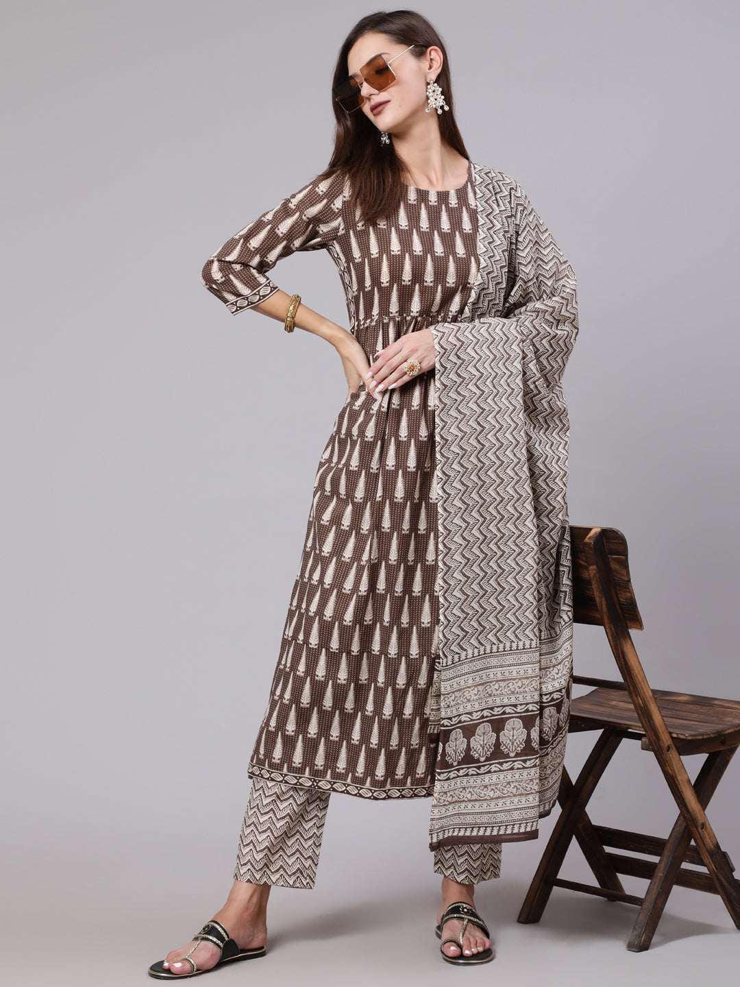 Cotton Calf Length Printed Semi Flared 3/4 Sleeve Round Neck Kurta Bottom Dupatta Set