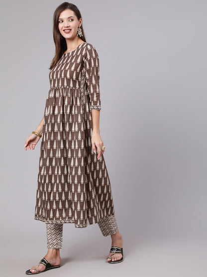 Cotton Calf Length Printed Semi Flared 3/4 Sleeve Round Neck Kurta Bottom Dupatta Set