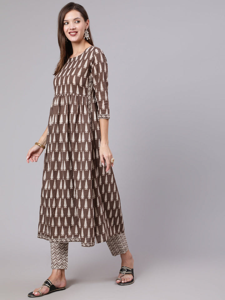 Cotton Calf Length Printed Semi Flared 3/4 Sleeve Round Neck Kurta Bottom Dupatta Set