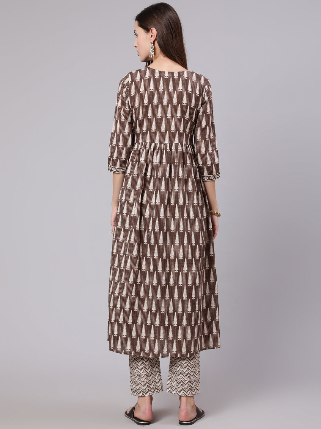 Cotton Calf Length Printed Semi Flared 3/4 Sleeve Round Neck Kurta Bottom Dupatta Set