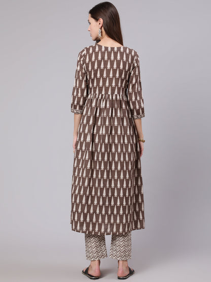 Cotton Calf Length Printed Semi Flared 3/4 Sleeve Round Neck Kurta Bottom Dupatta Set