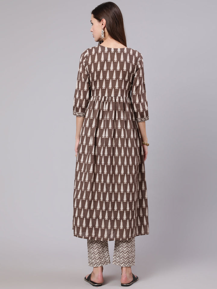 Cotton Calf Length Printed Semi Flared 3/4 Sleeve Round Neck Kurta Bottom Dupatta Set