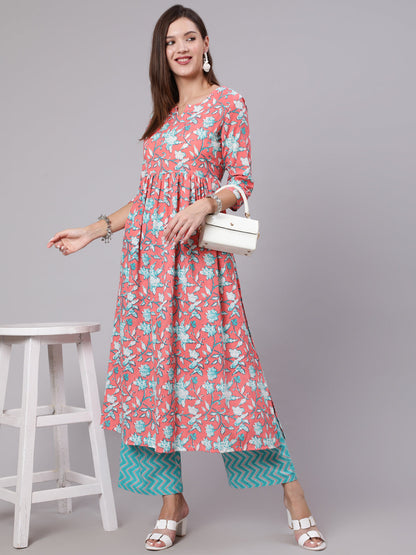 Cotton Calf Length Printed Semi Flared 3/4 Sleeve Round Neck Kurta Bottom Set