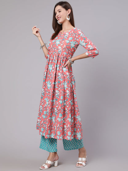 Cotton Calf Length Printed Semi Flared 3/4 Sleeve Round Neck Kurta Bottom Set