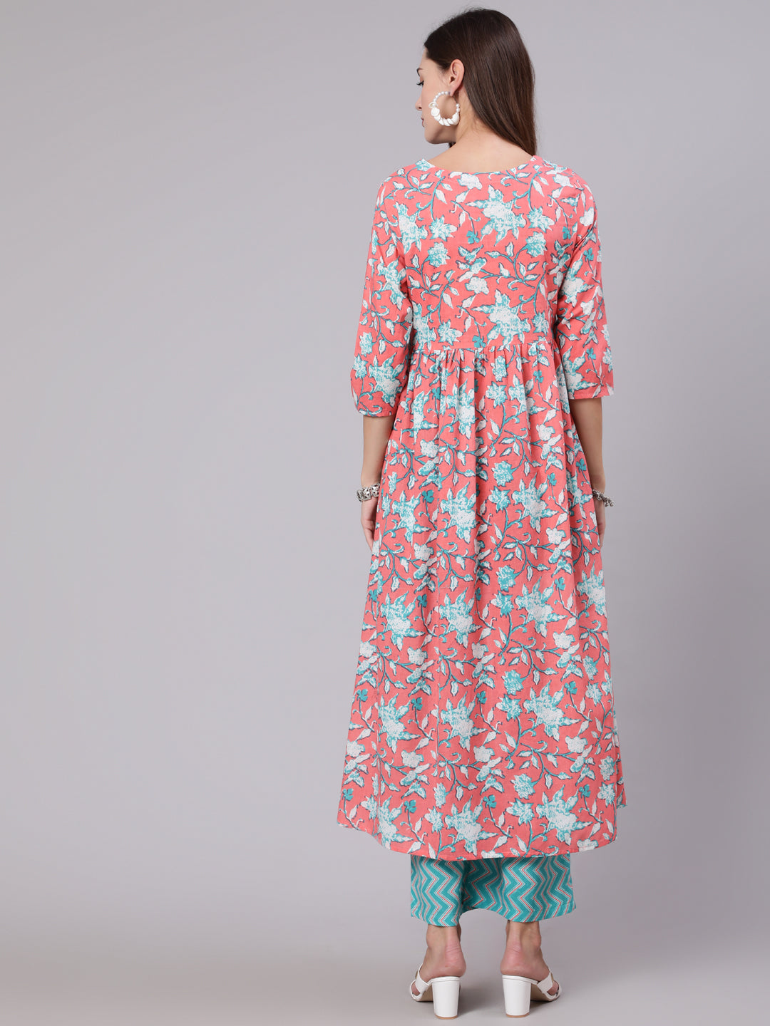 Cotton Calf Length Printed Semi Flared 3/4 Sleeve Round Neck Kurta Bottom Set