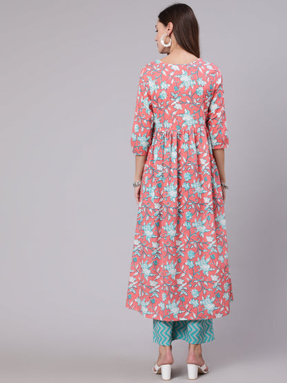 Cotton Calf Length Printed Semi Flared 3/4 Sleeve Round Neck Kurta Bottom Set
