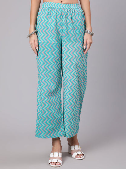 Cotton Calf Length Printed Semi Flared 3/4 Sleeve Round Neck Kurta Bottom Set