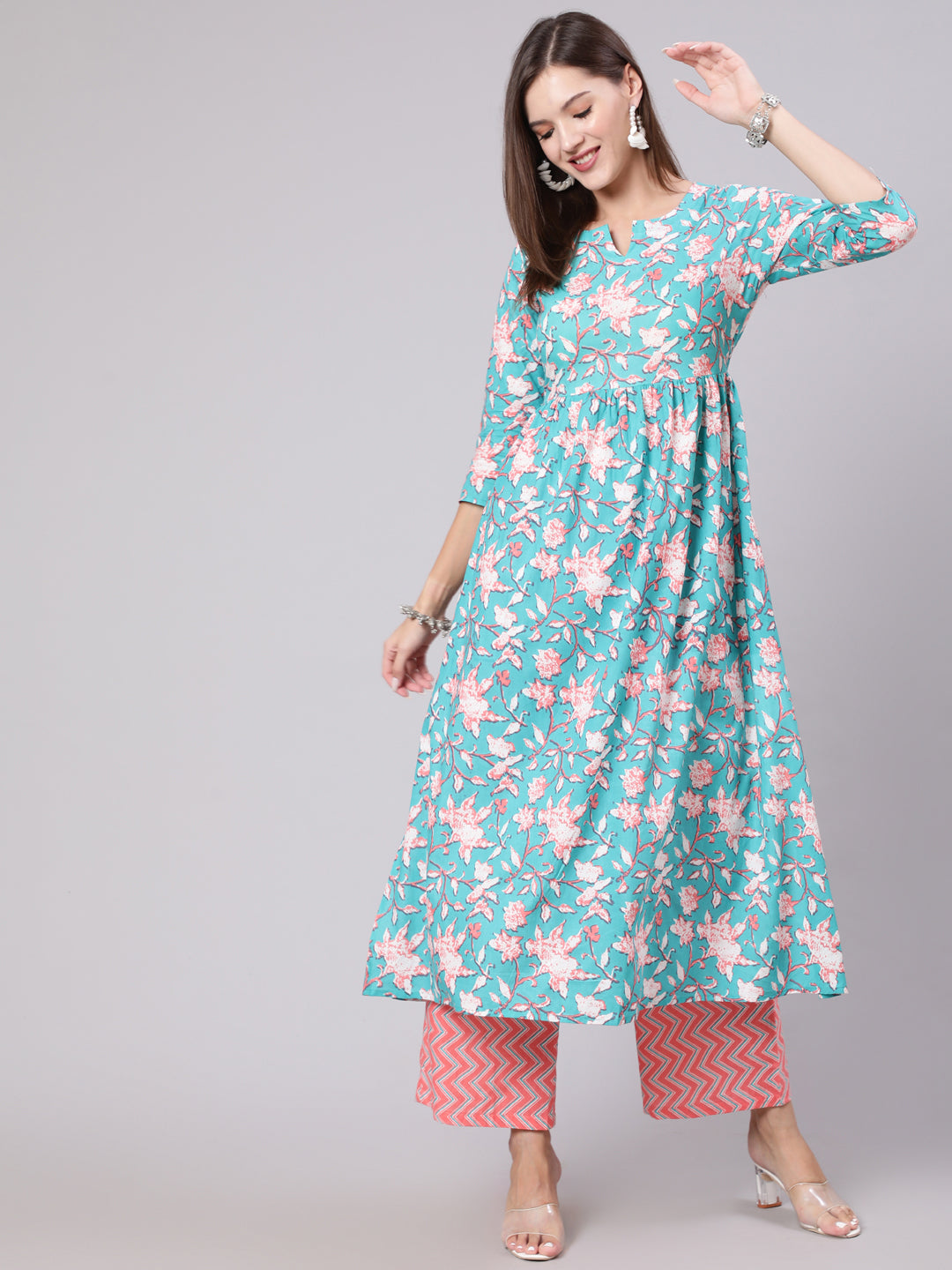 Cotton Calf Length Printed Semi Flared 3/4 Sleeve Round Neck Kurta Bottom Set