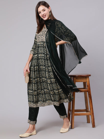 Rayon Calf Length Printed Semi Flared 3/4 Sleeve Round Neck Kurta Bottom Dupatta Set