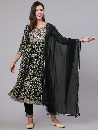 Rayon Calf Length Printed Semi Flared 3/4 Sleeve Round Neck Kurta Bottom Dupatta Set