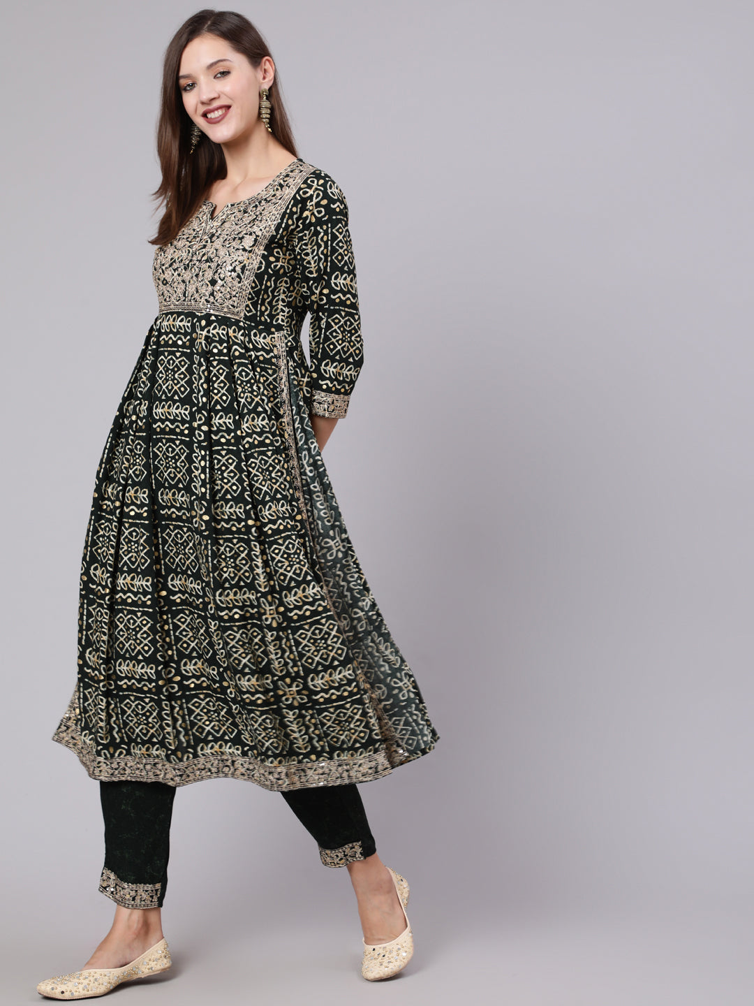 Rayon Calf Length Printed Semi Flared 3/4 Sleeve Round Neck Kurta Bottom Dupatta Set