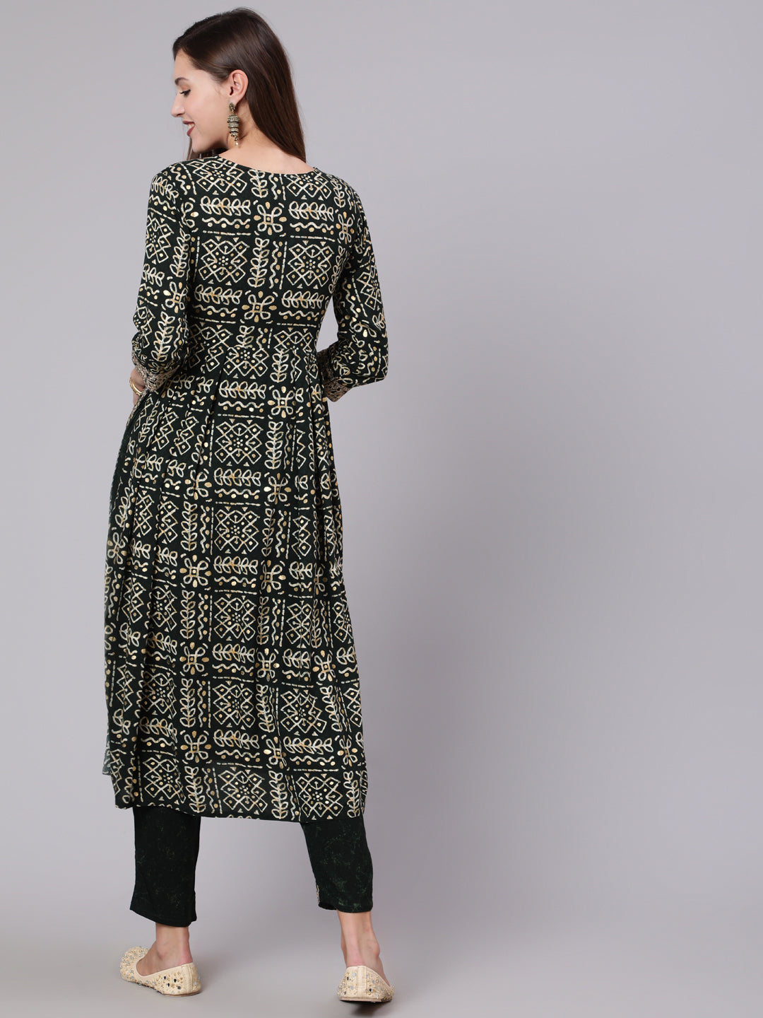 Rayon Calf Length Printed Semi Flared 3/4 Sleeve Round Neck Kurta Bottom Dupatta Set