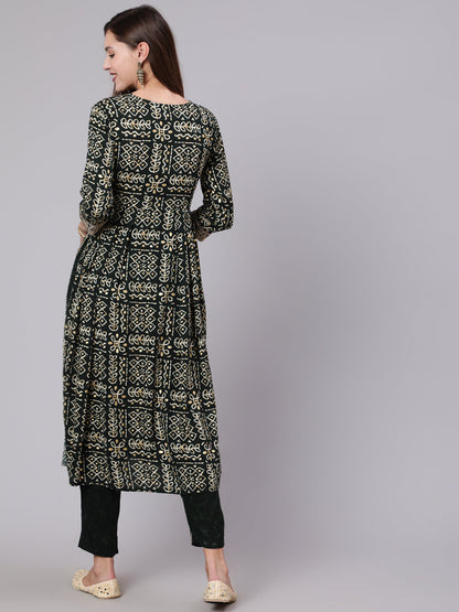 Rayon Calf Length Printed Semi Flared 3/4 Sleeve Round Neck Kurta Bottom Dupatta Set