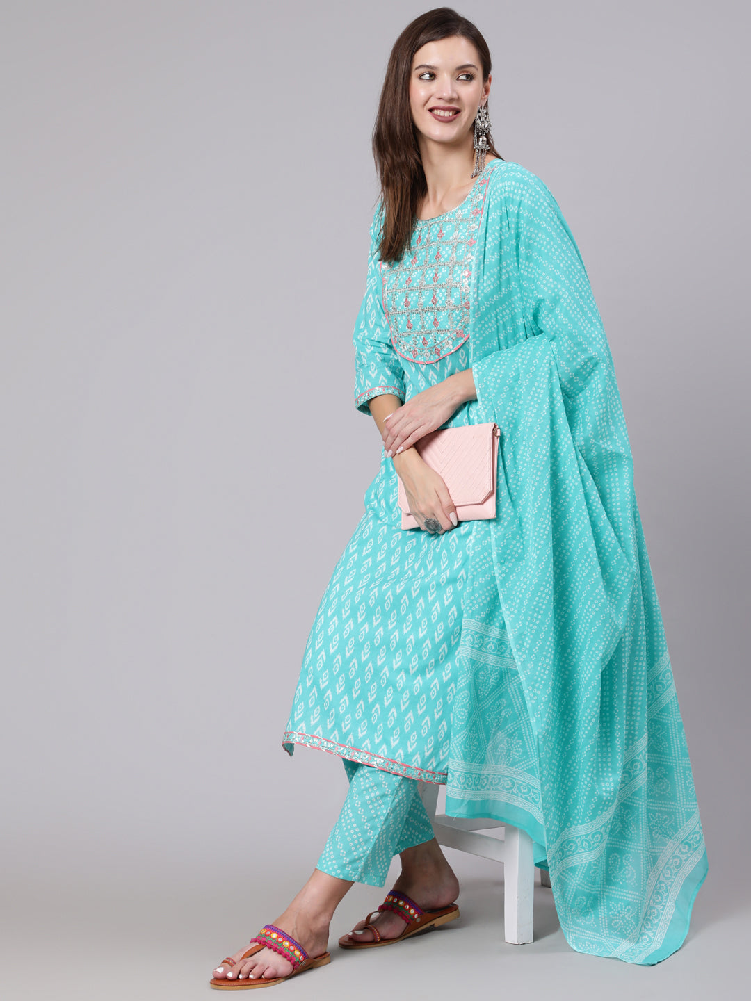 Cotton Calf Length Printed Straight 3/4 Sleeve Round Neck Kurta Bottom Dupatta Set