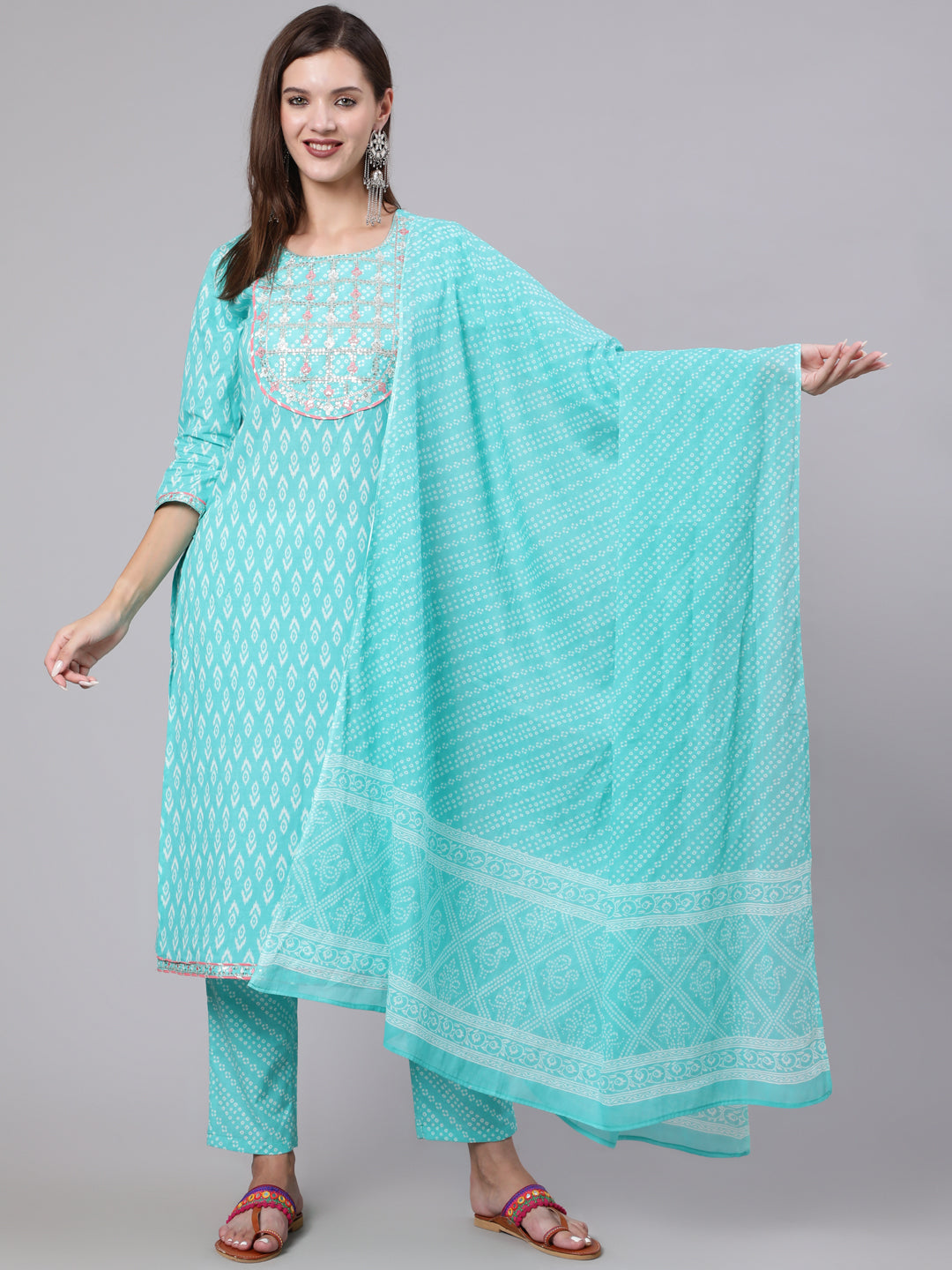Cotton Calf Length Printed Straight 3/4 Sleeve Round Neck Kurta Bottom Dupatta Set