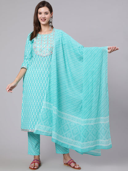 Cotton Calf Length Printed Straight 3/4 Sleeve Round Neck Kurta Bottom Dupatta Set