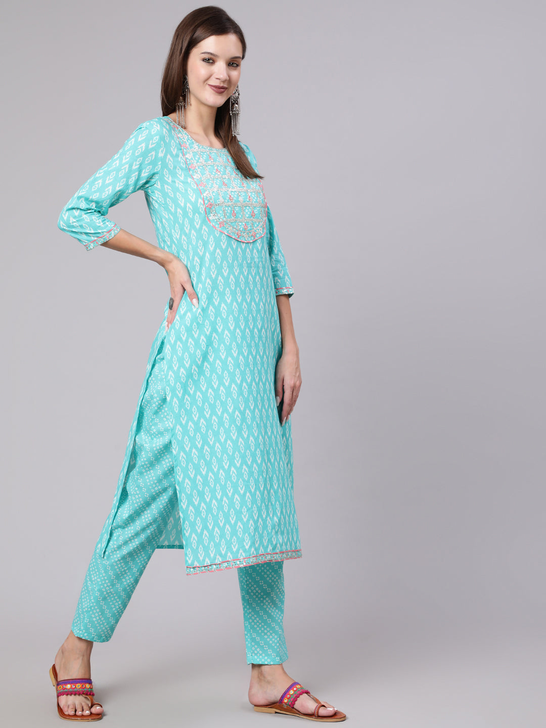Cotton Calf Length Printed Straight 3/4 Sleeve Round Neck Kurta Bottom Dupatta Set