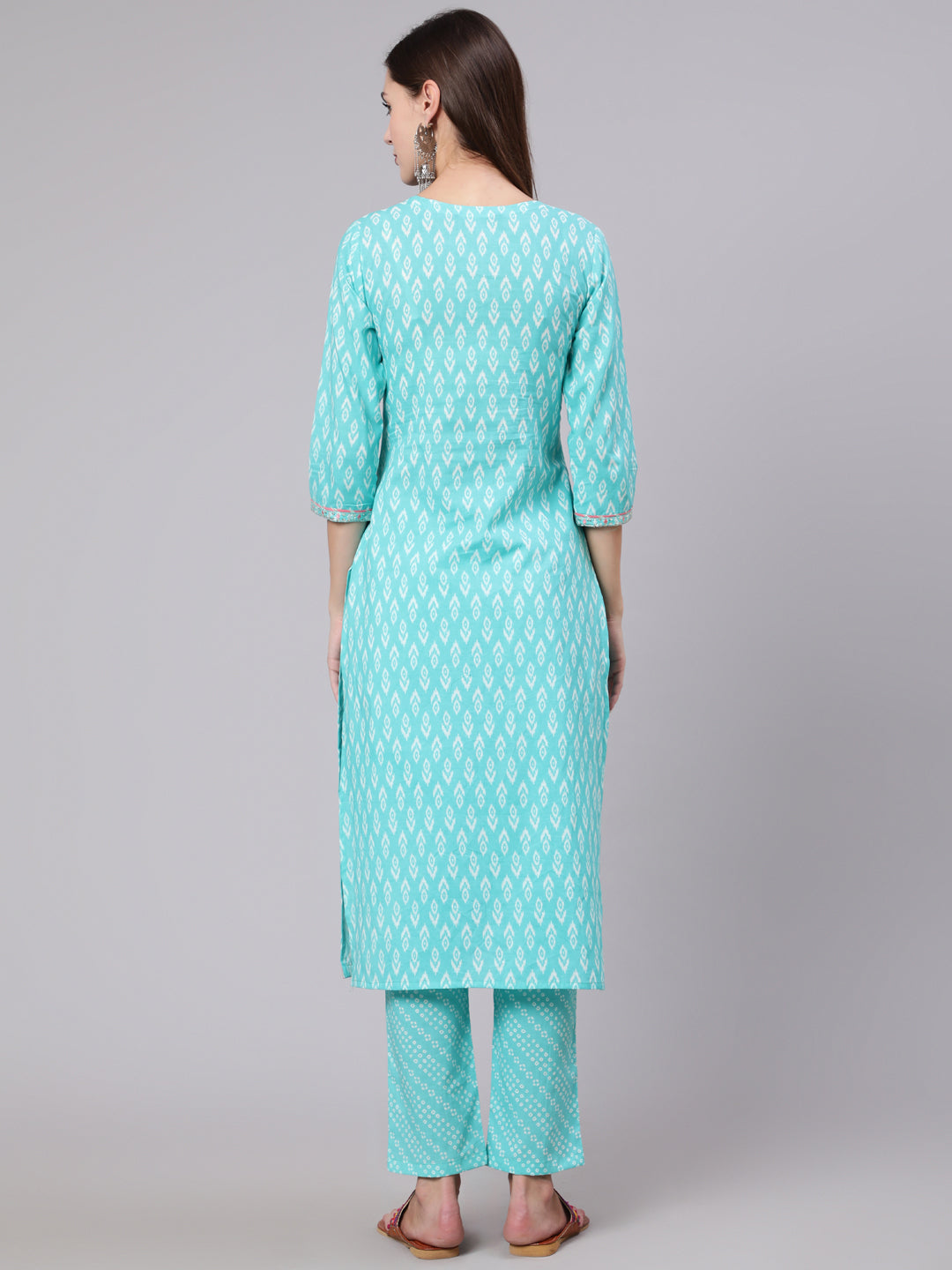 Cotton Calf Length Printed Straight 3/4 Sleeve Round Neck Kurta Bottom Dupatta Set