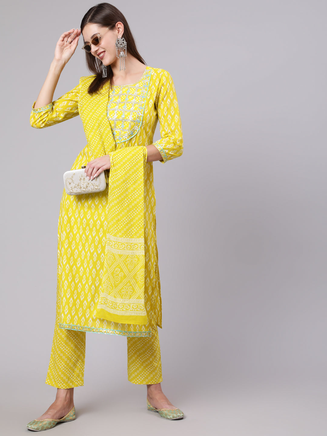 Cotton Calf Length Printed Straight 3/4 Sleeve Round Neck Kurta Bottom Dupatta Set