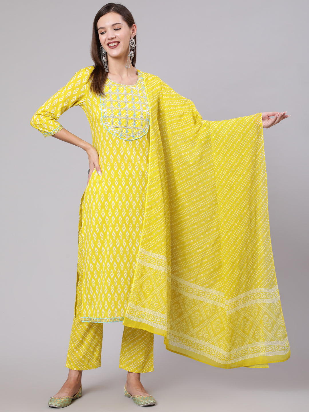 Cotton Calf Length Printed Straight 3/4 Sleeve Round Neck Kurta Bottom Dupatta Set