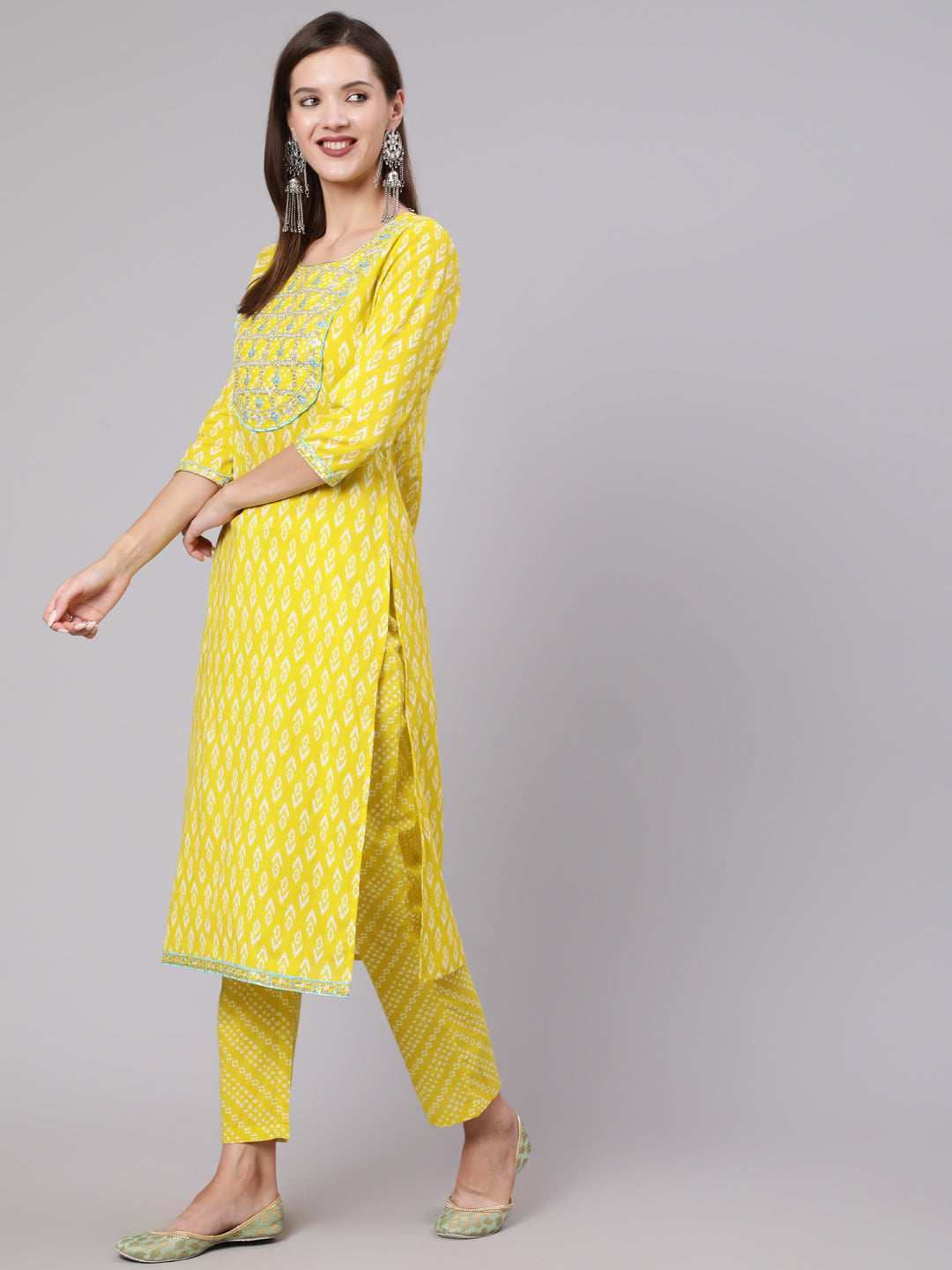 Cotton Calf Length Printed Straight 3/4 Sleeve Round Neck Kurta Bottom Dupatta Set