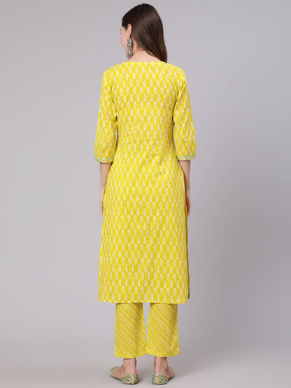 Cotton Calf Length Printed Straight 3/4 Sleeve Round Neck Kurta Bottom Dupatta Set