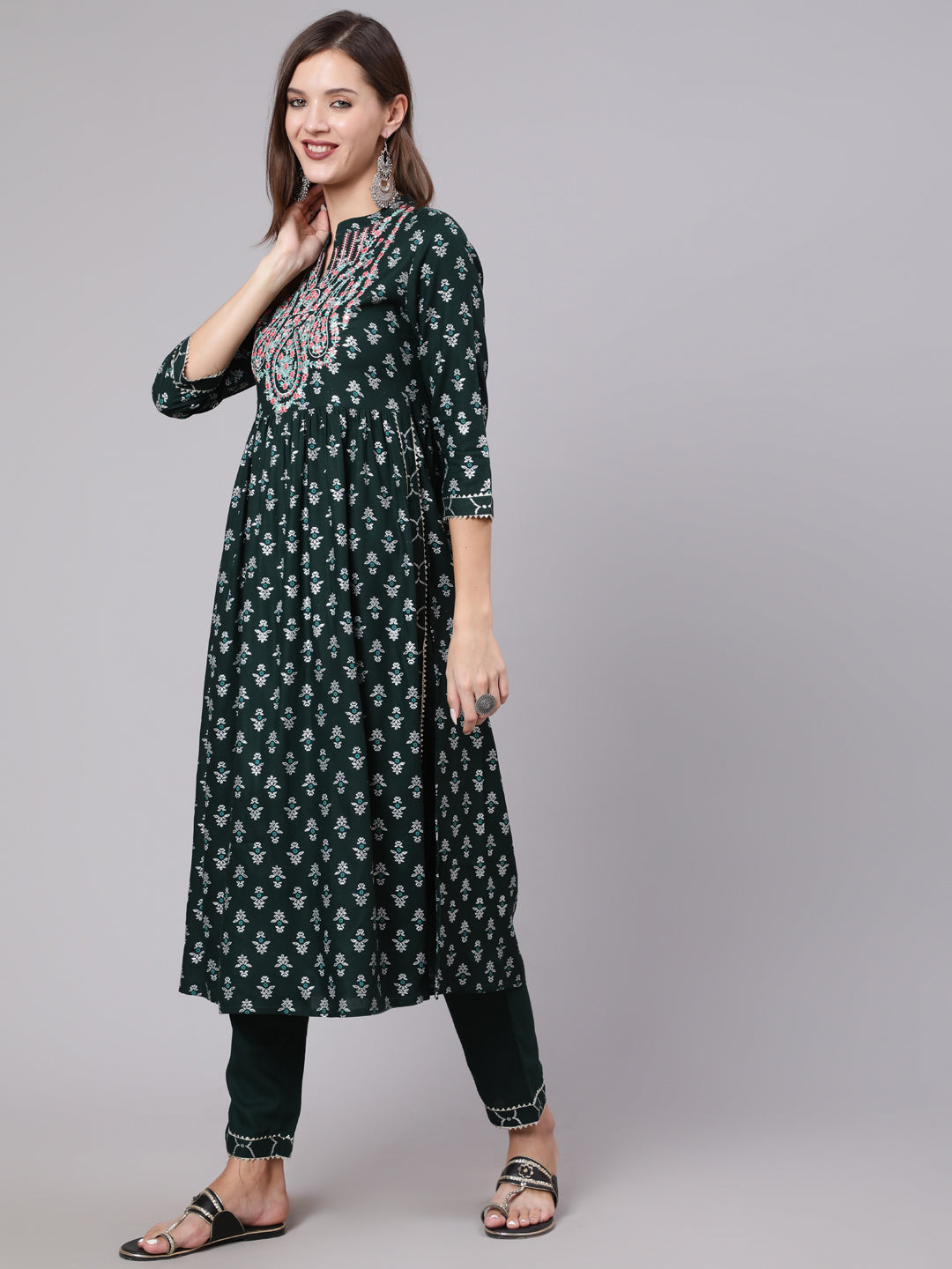 Rayon Calf Length Printed Semi Flared 3/4 Sleeve Collar Neck Kurta Bottom Set