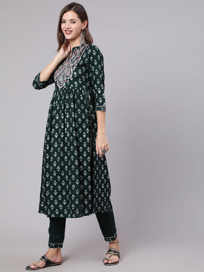 Rayon Calf Length Printed Semi Flared 3/4 Sleeve Collar Neck Kurta Bottom Set