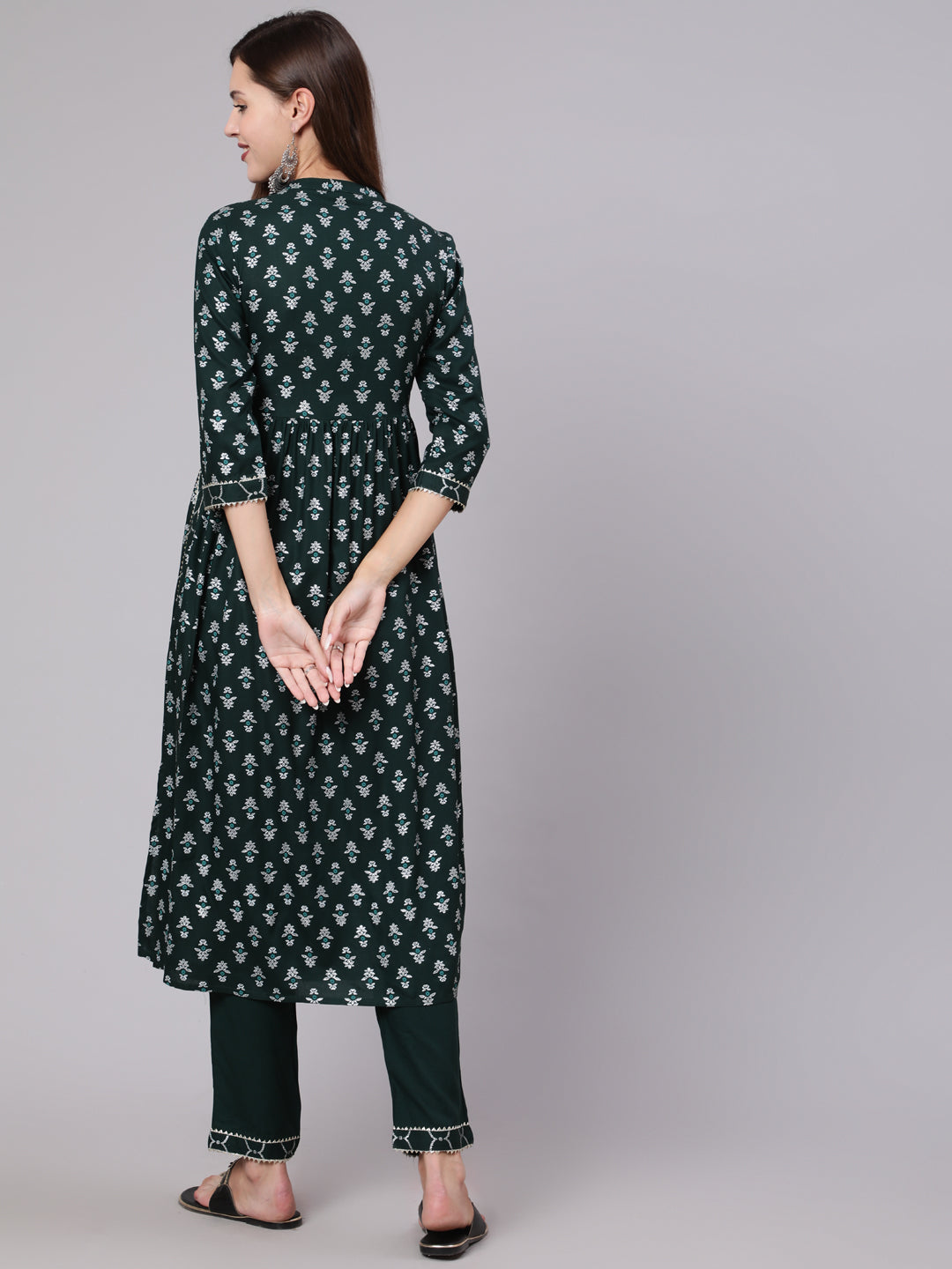 Rayon Calf Length Printed Semi Flared 3/4 Sleeve Collar Neck Kurta Bottom Set