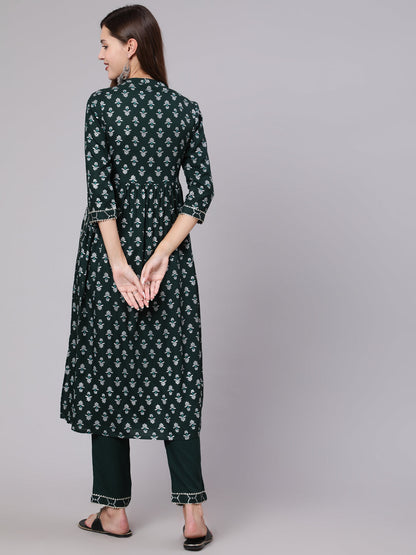 Rayon Calf Length Printed Semi Flared 3/4 Sleeve Collar Neck Kurta Bottom Set