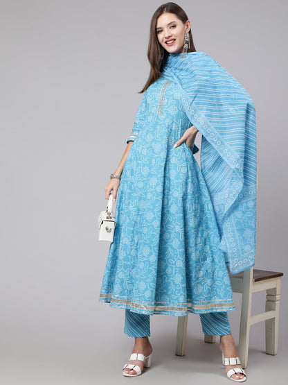 Cotton Calf Length Printed Flared 3/4 Sleeve Round Neck Kurta Bottom Dupatta Set