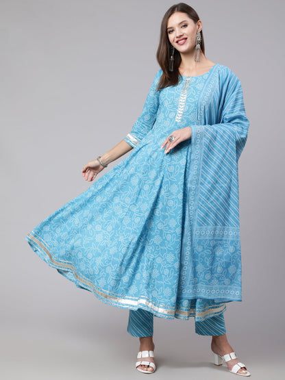 Cotton Calf Length Printed Flared 3/4 Sleeve Round Neck Kurta Bottom Dupatta Set