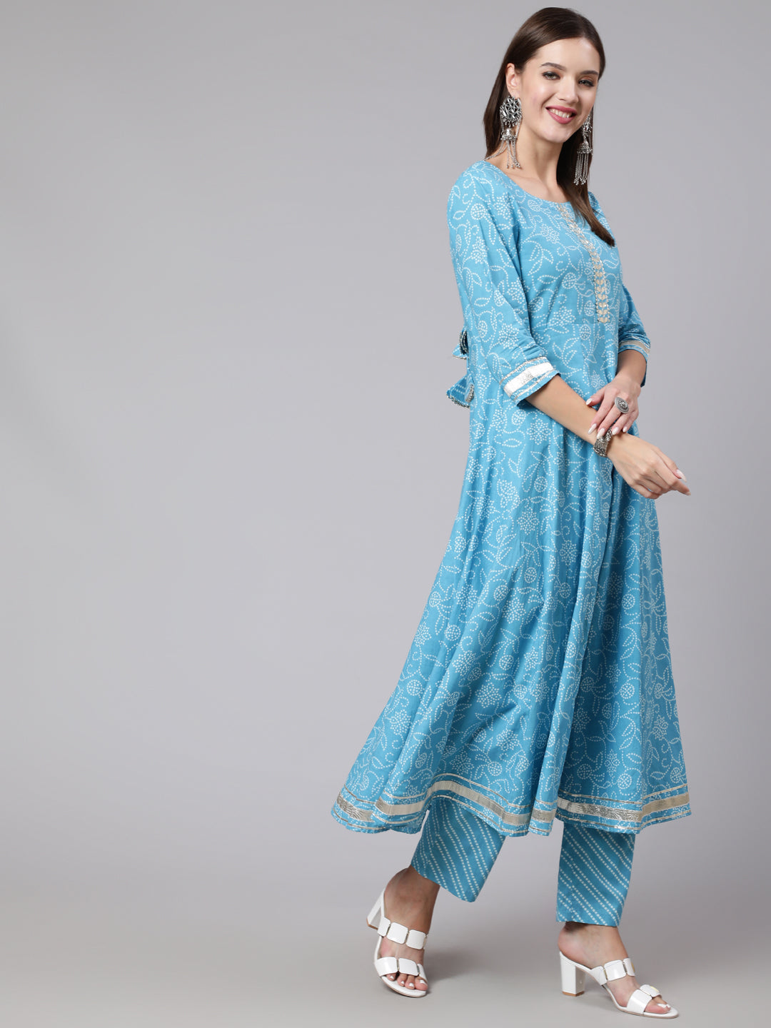 Cotton Calf Length Printed Flared 3/4 Sleeve Round Neck Kurta Bottom Dupatta Set