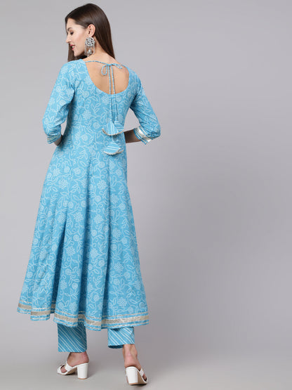 Cotton Calf Length Printed Flared 3/4 Sleeve Round Neck Kurta Bottom Dupatta Set