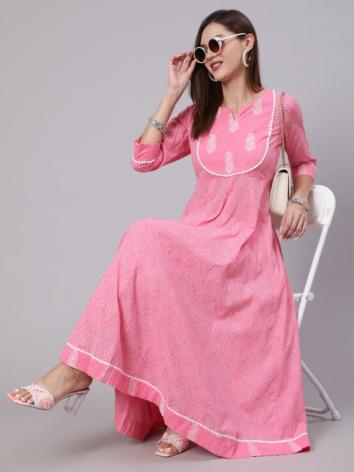Cotton Calf Length Printed Flared 3/4 Sleeve Round Neck Kurta Bottom Set