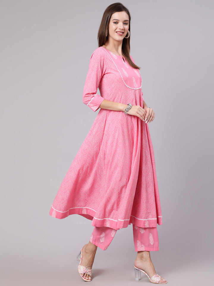 Cotton Calf Length Printed Flared 3/4 Sleeve Round Neck Kurta Bottom Set