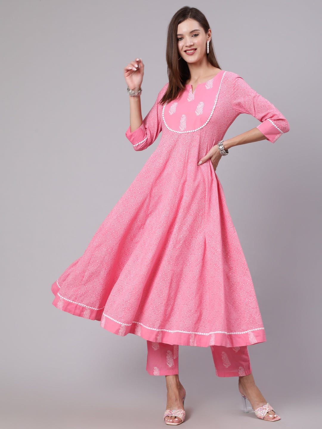 Cotton Calf Length Printed Flared 3/4 Sleeve Round Neck Kurta Bottom Set