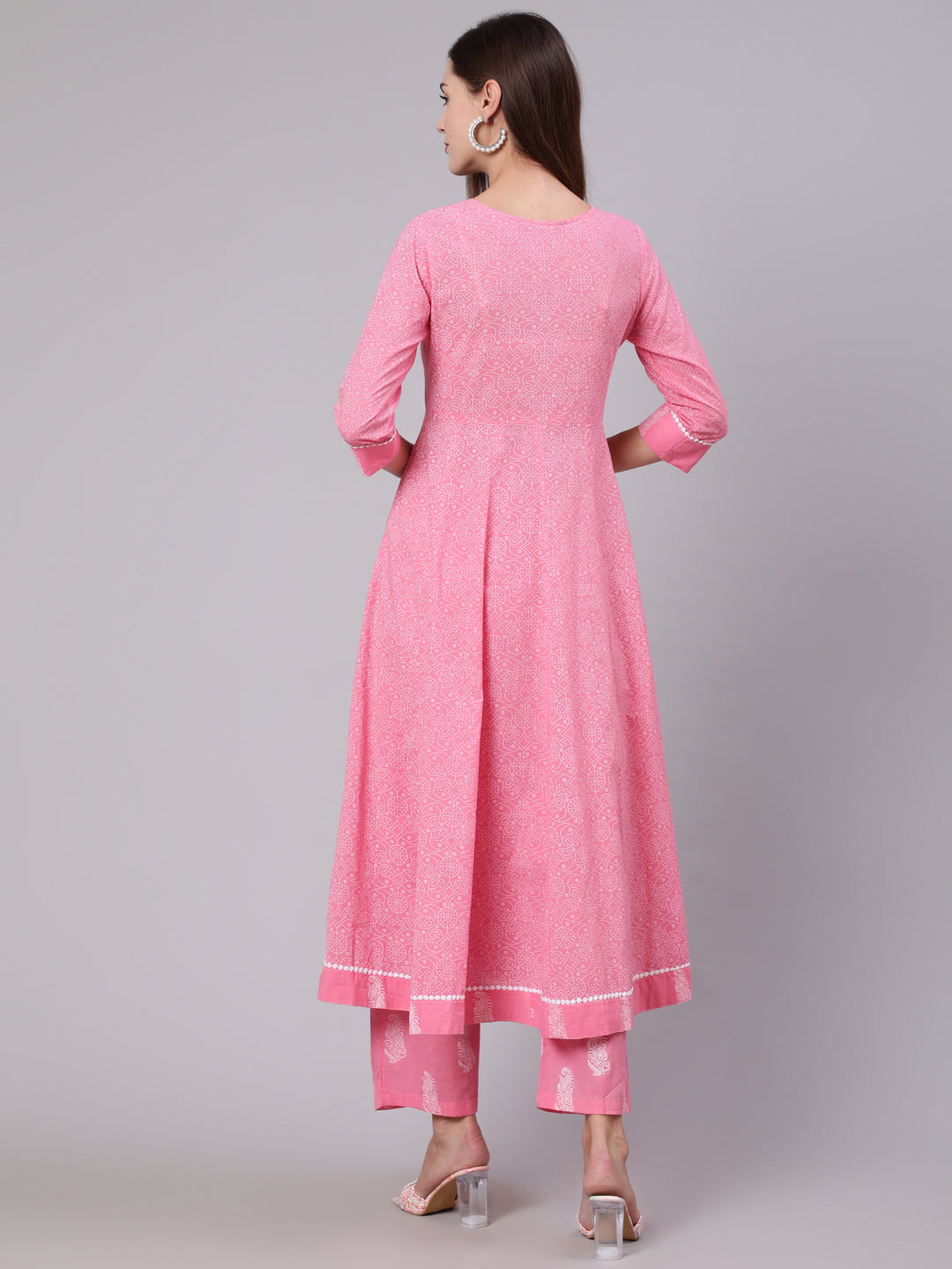 Cotton Calf Length Printed Flared 3/4 Sleeve Round Neck Kurta Bottom Set
