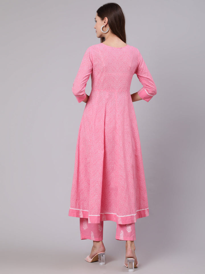 Cotton Calf Length Printed Flared 3/4 Sleeve Round Neck Kurta Bottom Set
