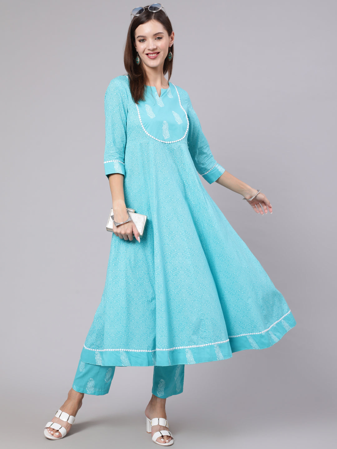 Cotton Calf Length Printed Flared 3/4 Sleeve Round Neck Kurta Bottom Set