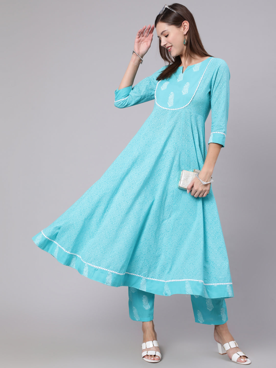 Cotton Calf Length Printed Flared 3/4 Sleeve Round Neck Kurta Bottom Set