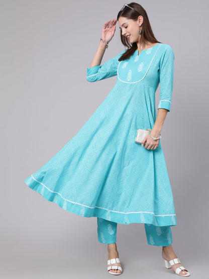 Cotton Calf Length Printed Flared 3/4 Sleeve Round Neck Kurta Bottom Set