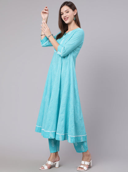 Cotton Calf Length Printed Flared 3/4 Sleeve Round Neck Kurta Bottom Set
