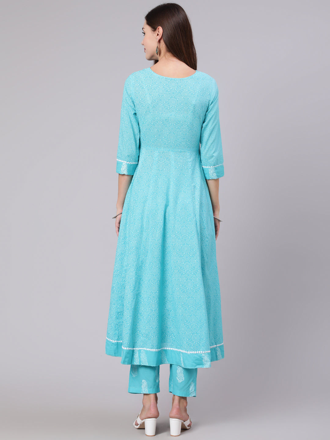 Cotton Calf Length Printed Flared 3/4 Sleeve Round Neck Kurta Bottom Set