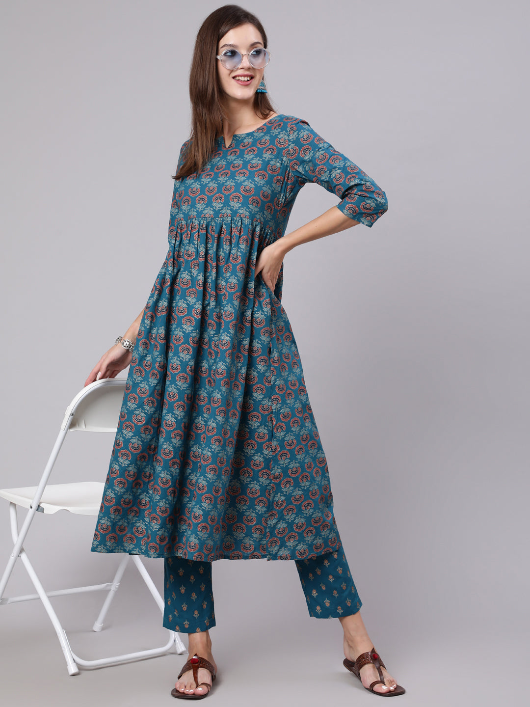 Rayon Calf Length Printed Semi Flared 3/4 Sleeve Round Neck Kurta Bottom Set