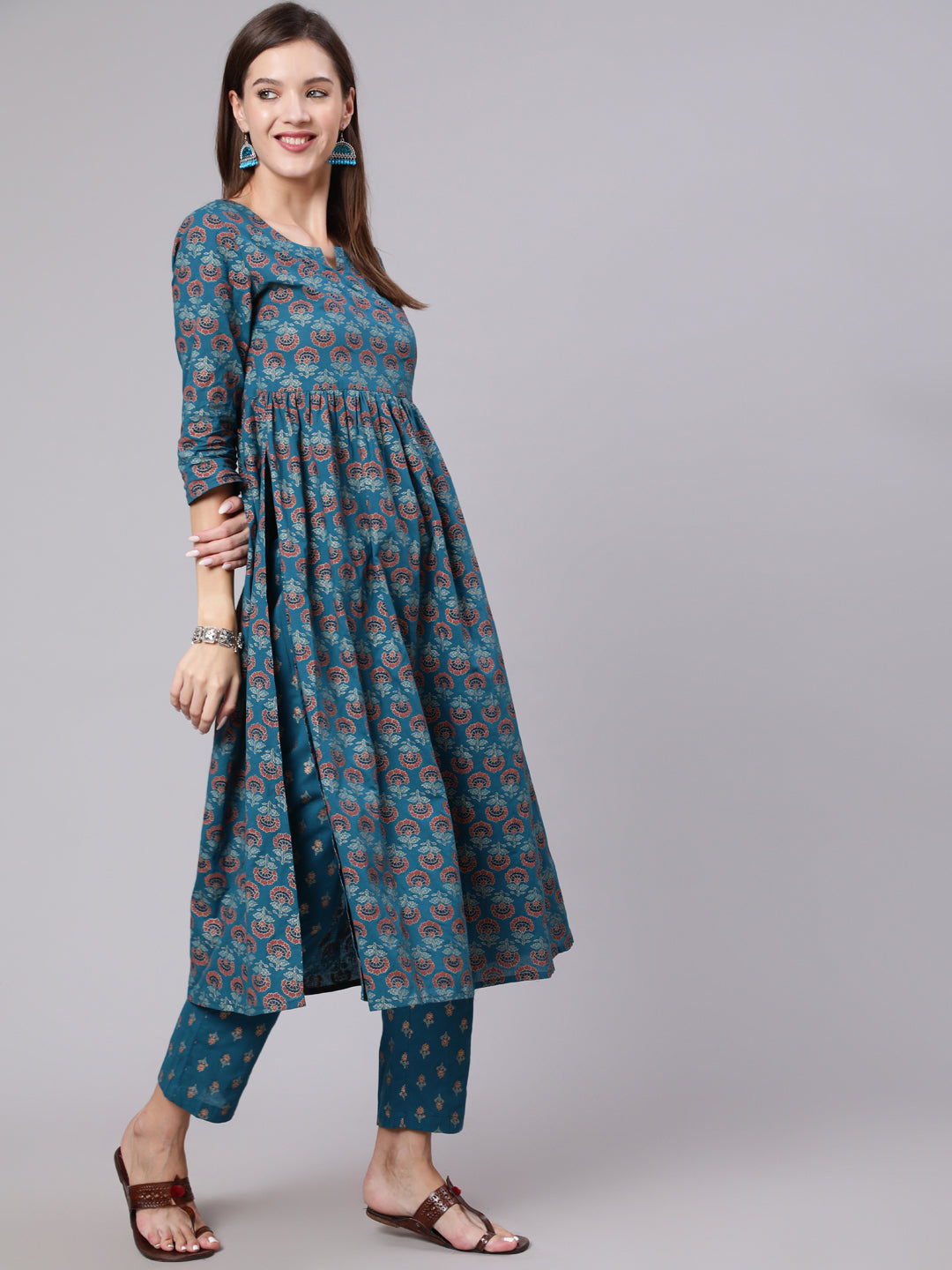 Rayon Calf Length Printed Semi Flared 3/4 Sleeve Round Neck Kurta Bottom Set