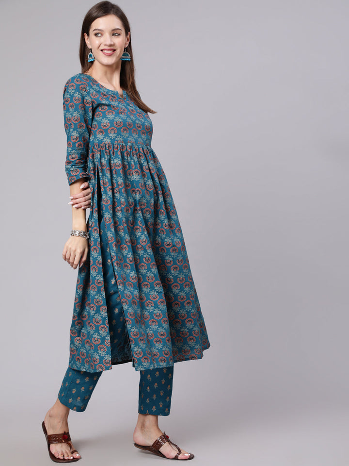 Rayon Calf Length Printed Semi Flared 3/4 Sleeve Round Neck Kurta Bottom Set