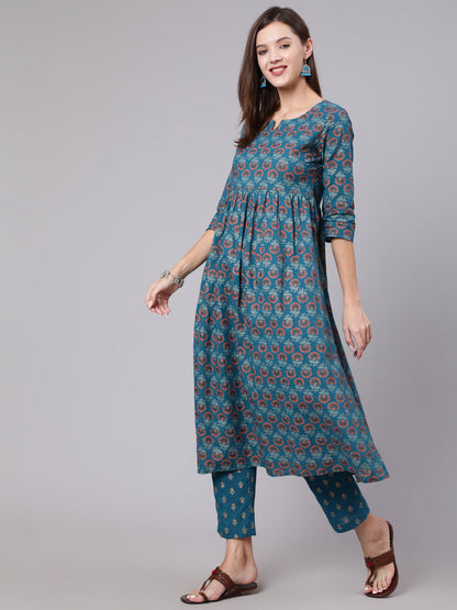 Rayon Calf Length Printed Semi Flared 3/4 Sleeve Round Neck Kurta Bottom Set
