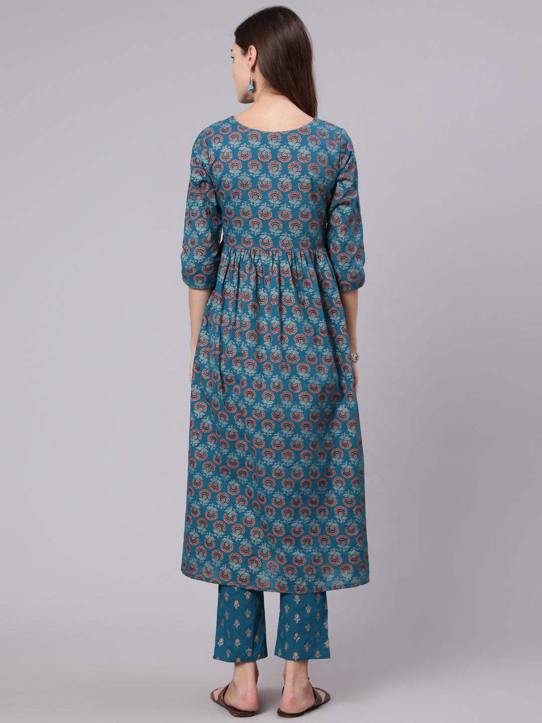 Rayon Calf Length Printed Semi Flared 3/4 Sleeve Round Neck Kurta Bottom Set
