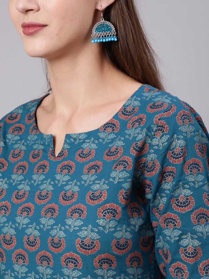 Rayon Calf Length Printed Semi Flared 3/4 Sleeve Round Neck Kurta Bottom Set